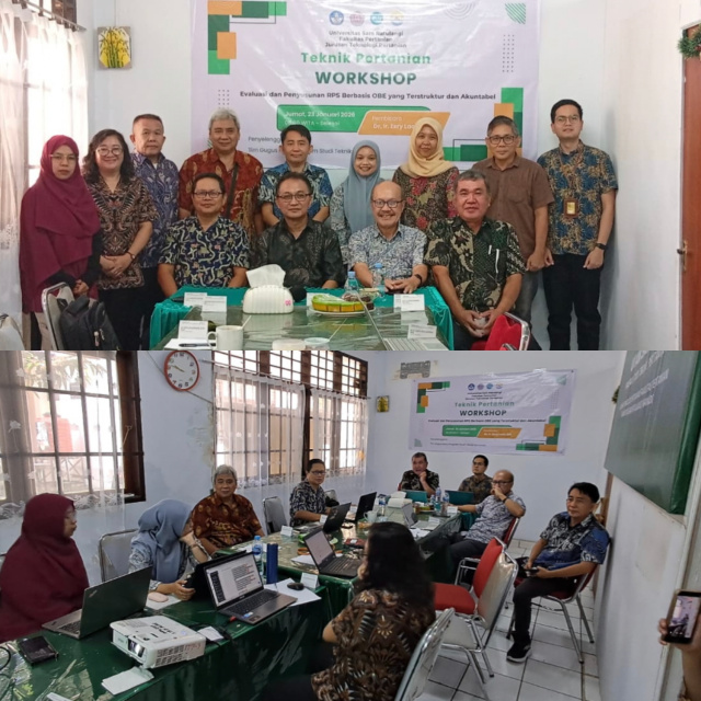 Sesi Pembukaan acara oleh Wakil Dekan 1 Bidang Akademik & Kerjasama, Dr. Ir. Gene Η Kapantow, MSc, MITP. Nampak suasana Workshop Penyusunan RPS Berbasis OBE yang terstruktur dan akuntabel Prodi Teknik Pertanian.