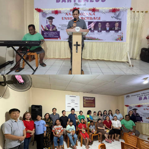 Doa tutup berkat oleh Sekretaris Panitia Prof Ir Dedie Tooy, M.Si, PhD. Selesai ibadah dan pemberian diakonia ,foto bersama Panitia Paskah Unsrat dengan pemimpin dan penghuni Panti Sosial Disabilitas Netra GMIM Bartemeus Malalayang 1 Timur Manado.