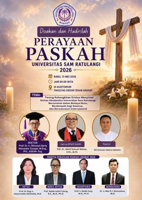 Besok Rabu 13 Mei 2026 Ibadah Paskah UNSRAT di Laksanakan Di Auditorium Fakultas Kedokteran Unsrat.